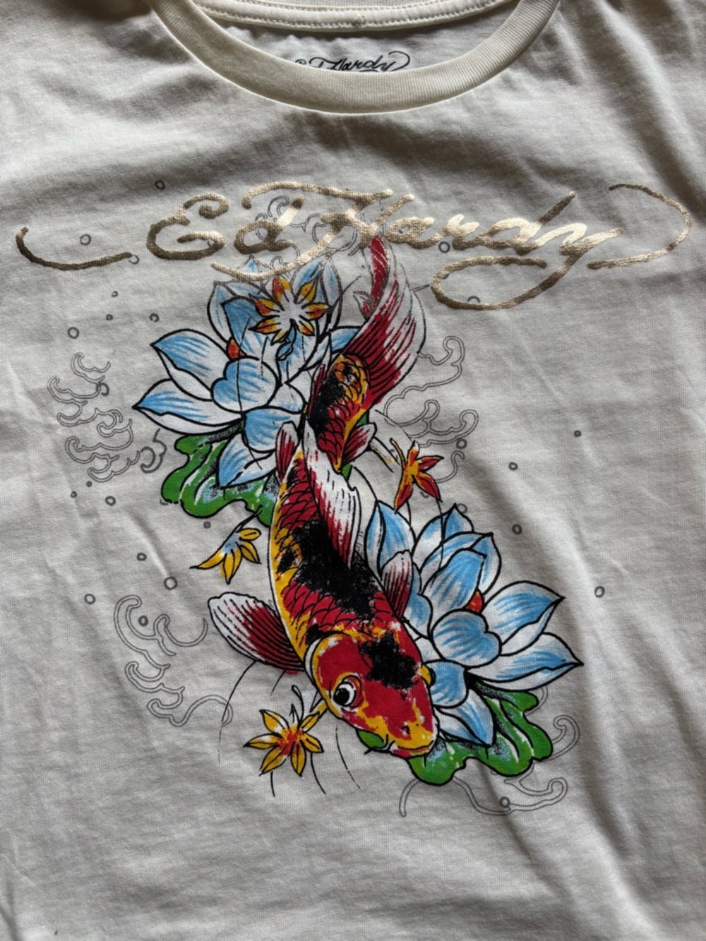 Ed Hardy Cream Koi Fish Graphic Tee | Size S | Floral Tattoo Style - Picture 6 of 9